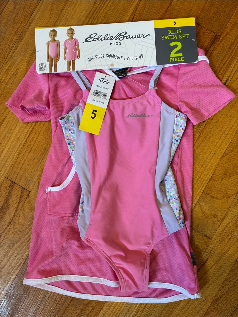 NWT Eddie Bauer Kids Pink One-Piece Swimsuit with Cover-Up, Size 5